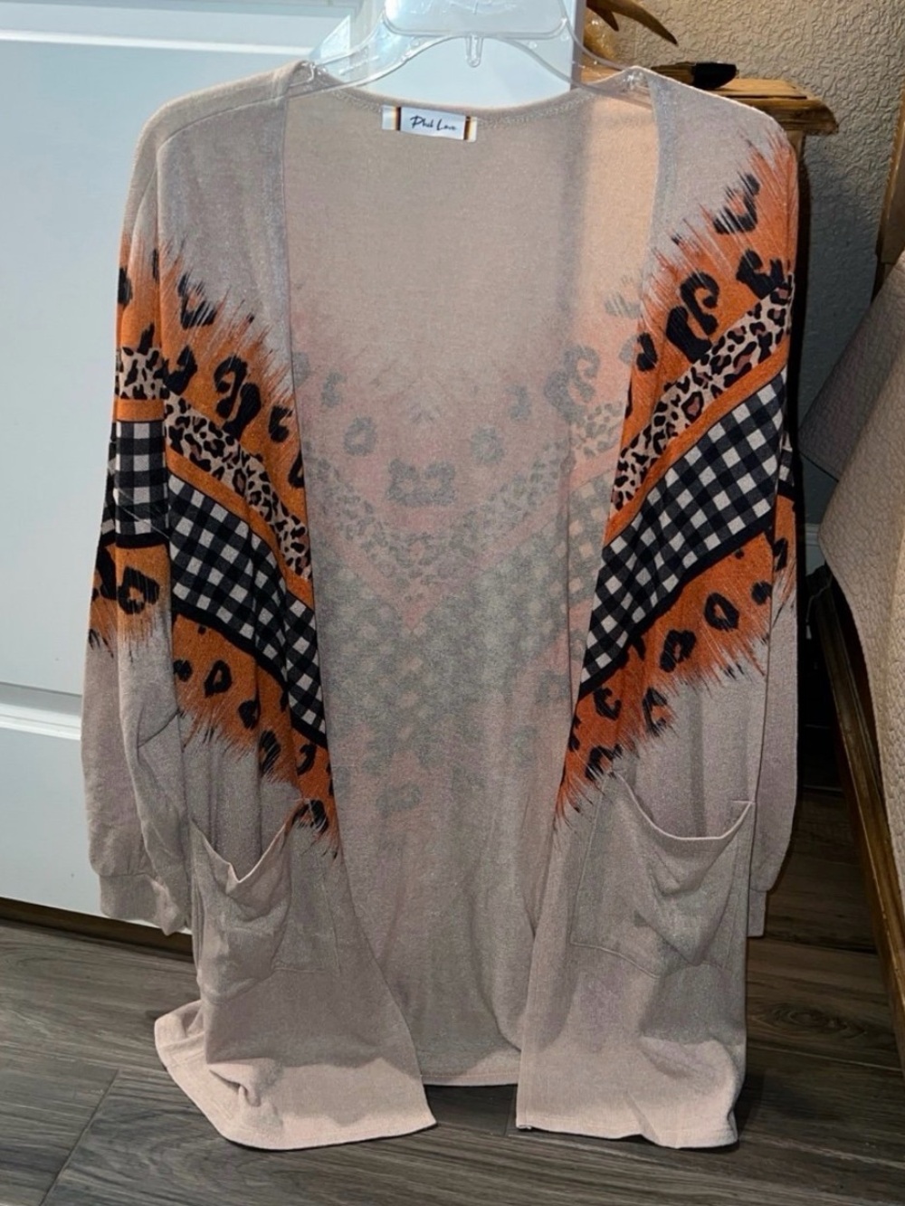 Women's Open-Front Cardigan Sweater in Beige with Orange Accents